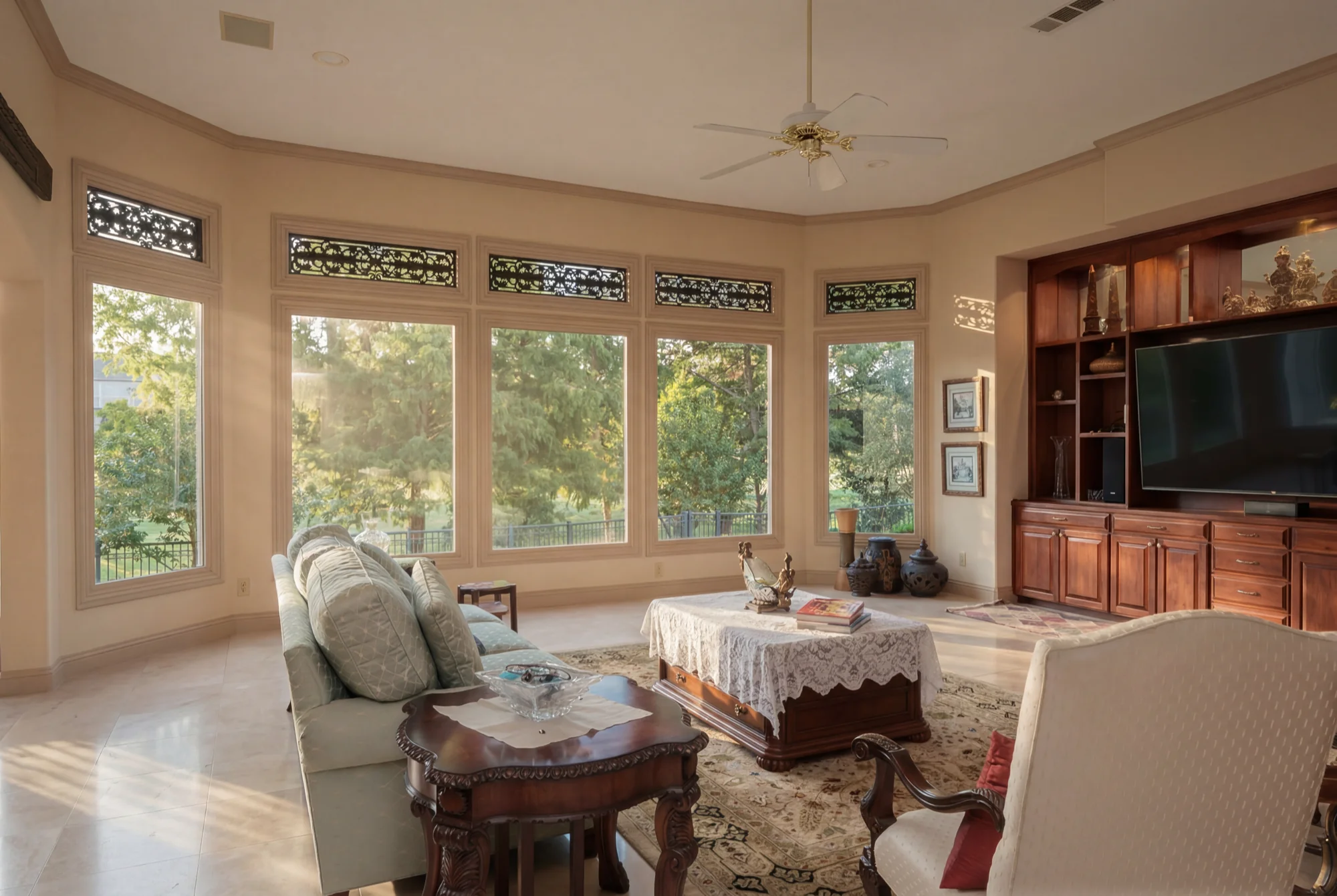 Living room with stone fireplace